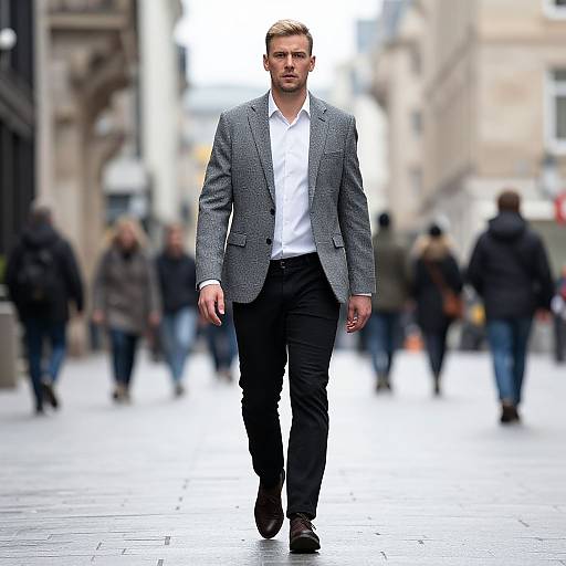 Photograph of a handsome, blond, Caucasian man in a gray checkered blazer, white shirt, and black pants walking confidently down a busy,