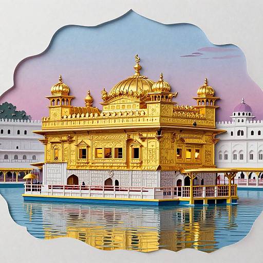 Photograph of the Golden Temple in Amritsar, India, with its ornate golden domes and intricate carvings, reflecting in the serene
