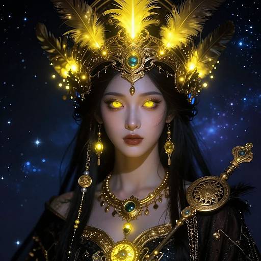 Digital artwork of a mystical Asian woman with glowing yellow eyes, wearing an ornate golden crown with feathers and jewels, against a starry night background.