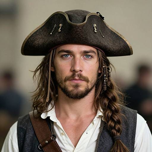 Photograph of a handsome, blue-eyed, bearded man with long brown hair, wearing a large, dark, 18th-century pirate hat and