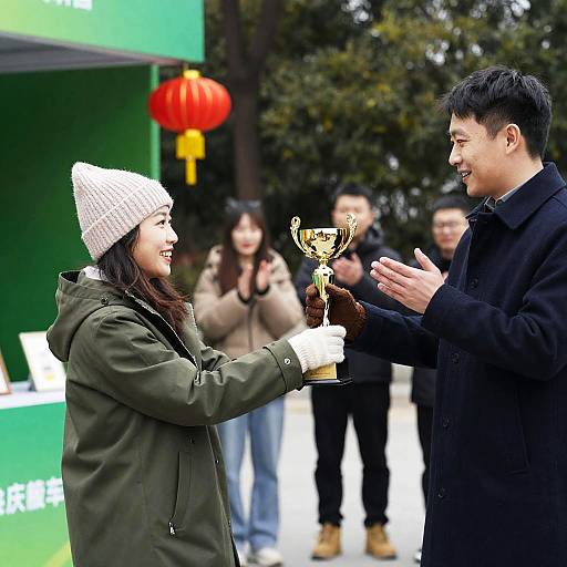 Joyful Outdoor Celebration with Trophy Presentation