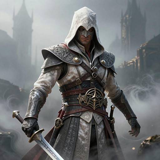 Masked Hooded Assassin in Swirling Mist