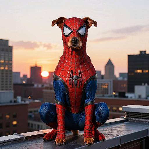 Photorealistic digital artwork of a dog in a Spider-Man costume, crouching on a rooftop at sunset, city skyline background.