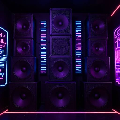 Nightclub Wall with Stacked Speakers and Synthwave Lights