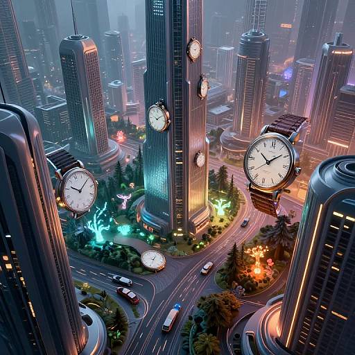 Digital artwork of a futuristic cityscape featuring towering skyscrapers with large, glowing clocks at various points, illuminated streets, and colorful neon lights.