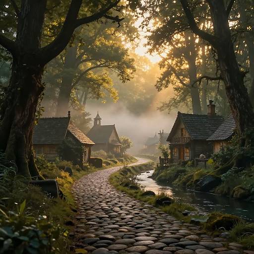 Photograph of a serene, sunlit forest village with cobblestone path, wooden houses, and a reflective river, surrounded by tall trees.