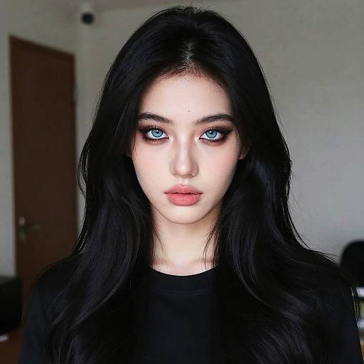 Photograph of a pale-skinned woman with long black hair, striking blue eyes, and pink lips, wearing a black top, against a blurred indoor