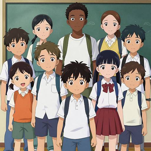 Anime-style illustration of a diverse group of 10 elementary school children, standing in front of a chalkboard, wearing school uniforms.