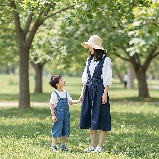 Photograph of an Asian woman in a straw hat and black pinafore dress, holding hands with a young boy in denim overalls, in a