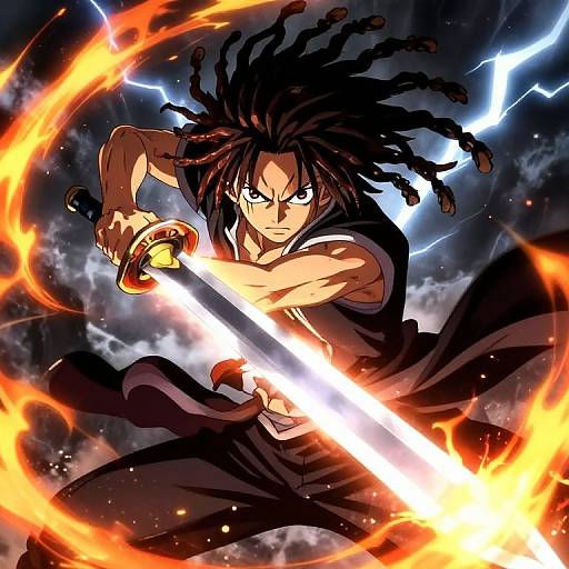 Digital anime artwork of a fierce, dark-haired man with dreadlocks wielding a glowing sword surrounded by fiery rings and lightning.