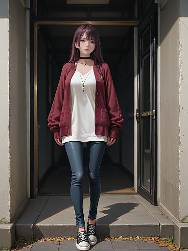 Digital anime-style photograph of a young woman with straight purple hair, wearing a red cardigan, white shirt, blue jeans, and black sneakers, standing