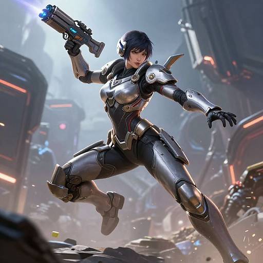 Digital artwork of a fierce, black-haired woman in sleek, metallic armor, wielding a futuristic gun in a neon-lit, cyberpunk cityscape.