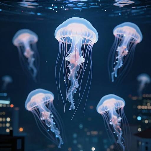 Photograph of glowing, translucent jellyfish with long, flowing tentacles floating in a dark, underwater cityscape with blurred, illuminated buildings.