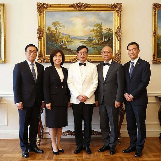 Photograph of five Asian individuals in formal attire standing in a well-lit room, in front of an ornate landscape painting.