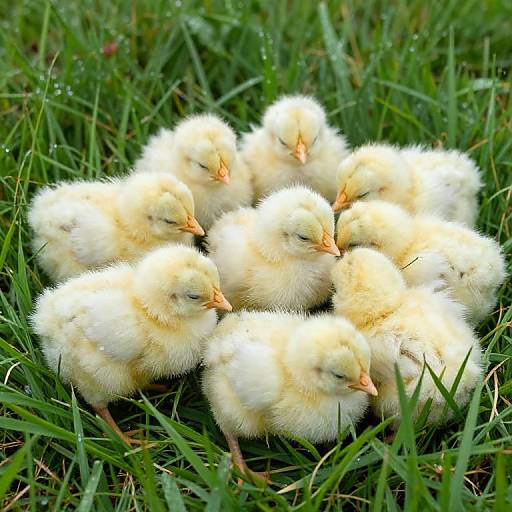 Photograph of nine fluffy, yellow chick chicks huddled together on a bed of green grass, each with small orange beaks.