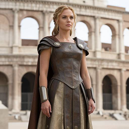 Photograph of a blonde woman in medieval armor with a dark leather corset and cape, standing in front of a historic stone building with arched windows