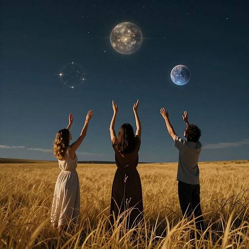 Photograph of three people, two women and one man, standing in a golden field at night, arms raised, gazing at glowing planets and stars