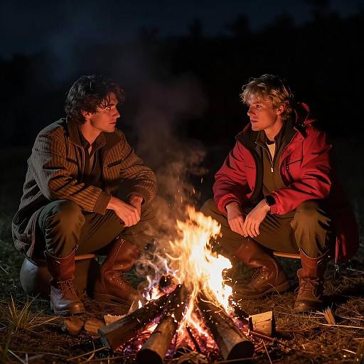 Two Men Sitting by Campfire at Night