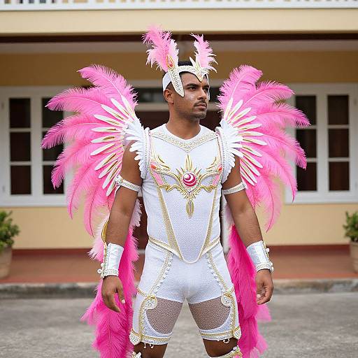 Photograph of a muscular Black man in white, ornate costume with pink feather wings and crown, standing outdoors in front of a beige building.