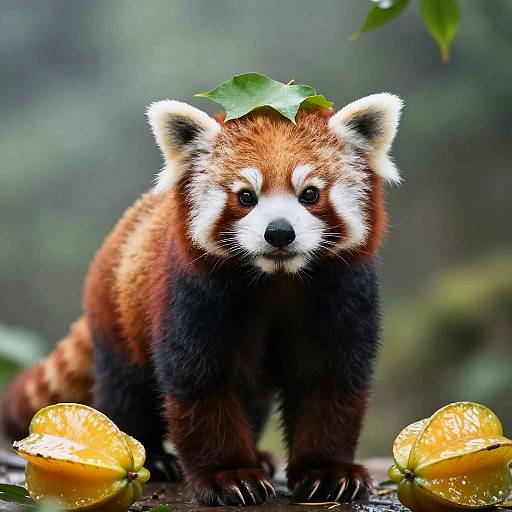 Adorable Red Panda with Leaf on Head