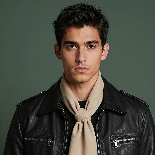 Portrait of Young Man in Leather Jacket and Scarf