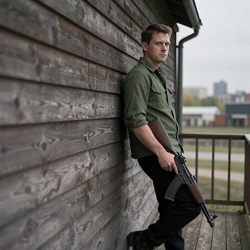 Serious Man with Rifle by Weathered Building