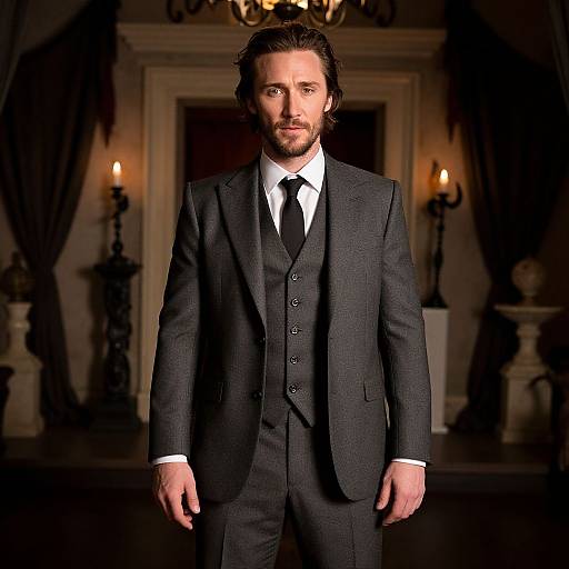 Photograph of a bearded man with wavy brown hair, wearing a dark gray three-piece suit, white shirt, and black tie, standing in