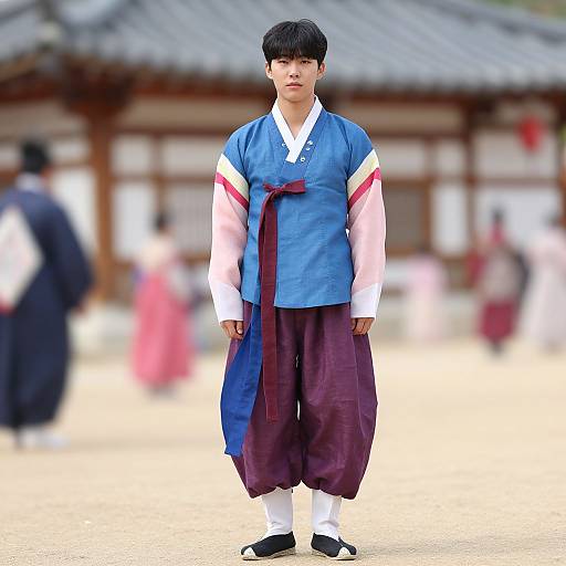 Photograph of a young Asian man in traditional Korean hanbok, blue and white top, maroon pants, standing outdoors in a blurred traditional Korean