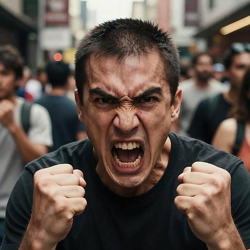 Angry Man Shouting in Urban Chaos