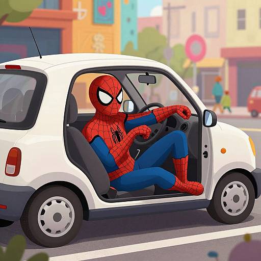 Spiderman Driving Through Vibrant City