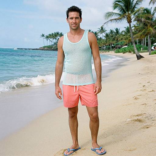 Photograph of a muscular, dark-haired man in a white mesh tank top and pink shorts standing on a tropical beach with palm trees, ocean waves,