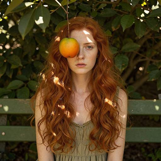 Photograph of a pale-skinned, red-haired woman with long, wavy hair, wearing an olive green dress, outdoors with a green fence,