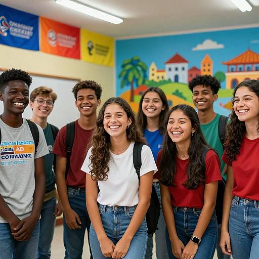 Photograph of diverse group of six smiling teenagers, three girls and three boys, in casual clothes, standing in colorful classroom.