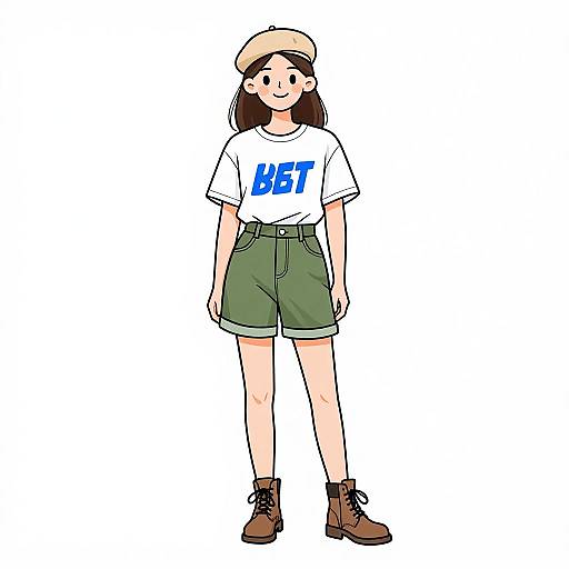 Digital drawing of a smiling girl with fair skin, brown hair, wearing a beige beret, white 