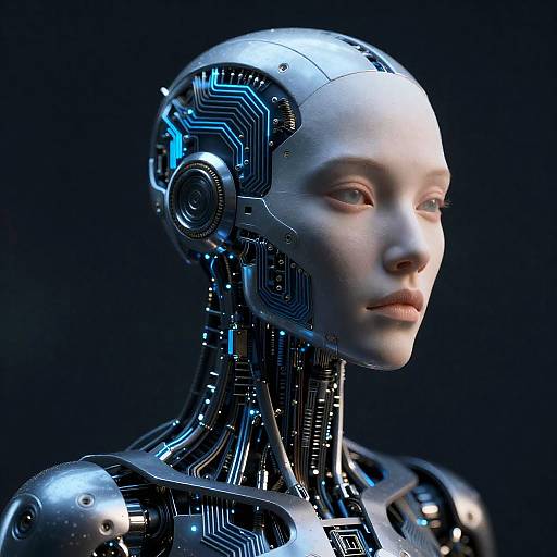 Photorealistic CGI of a futuristic female android with a silver, cybernetic head and neck, featuring intricate circuitry and blue LED lights, against