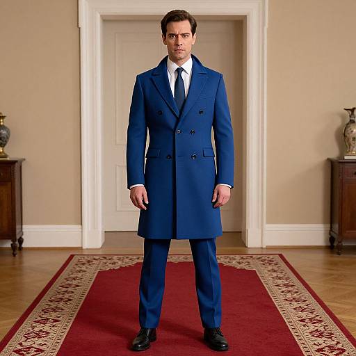 Photograph of a serious man in a blue double-breasted coat, white shirt, and black tie, standing on a red rug in a formal,