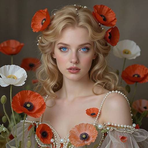 Photorealistic digital portrait of a blonde woman with blue eyes, wearing a pearl-adorned off-shoulder dress, surrounded by red and white