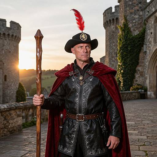 Medieval Man in Detailed Costume with Red Cloak and Staff