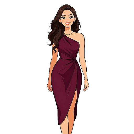 Digital illustration of a smiling woman with long black hair, wearing a one-shoulder, deep purple, high-slit dress, standing against a white