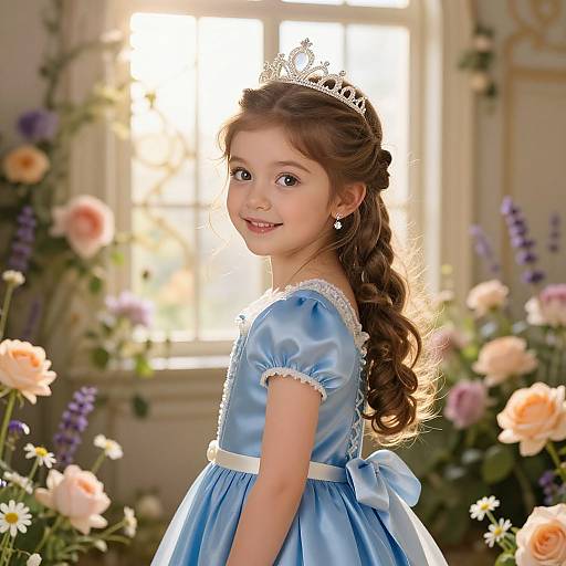 Photograph of a young girl with curly brown hair, wearing a blue satin princess dress, white lace trim, and tiara, smiling at a sun