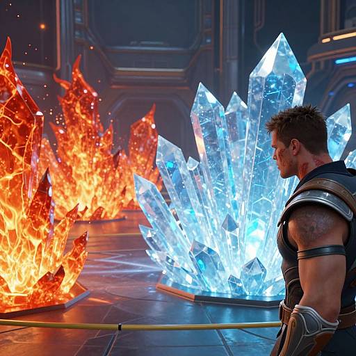 Muscular warrior with spiked hair and armor stands before glowing blue and fiery red crystal formations in futuristic, dimly lit room.
