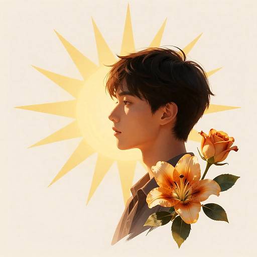 Male Profile with Sun and Flowers
