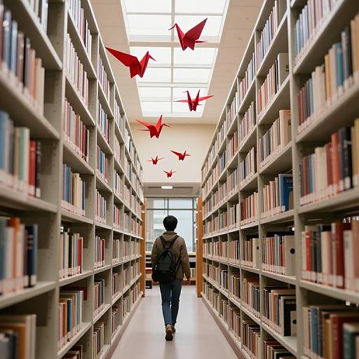 Photograph of a solitary person walking down a long library aisle, surrounded by bookshelves, with red paper origami birds hanging from the ceiling.