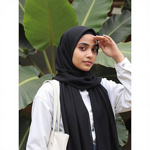 Young Woman in Hijab by Tropical Leaves