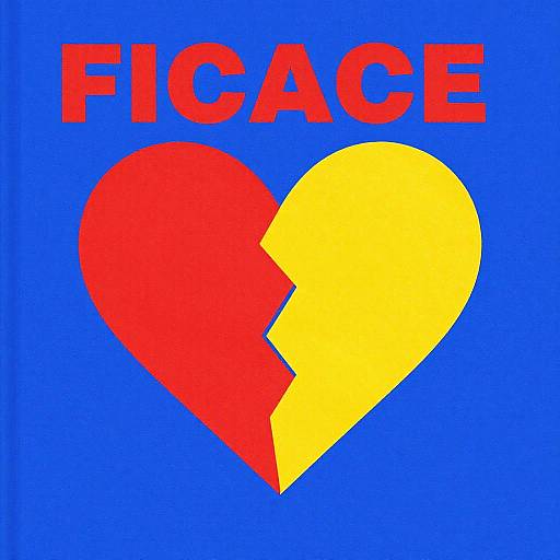 Digital artwork: Bold red heart with yellow jagged break, overlapped, against blue background. Red 