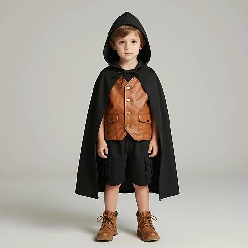 Toddler Boy in Hooded Cape and Leather Vest