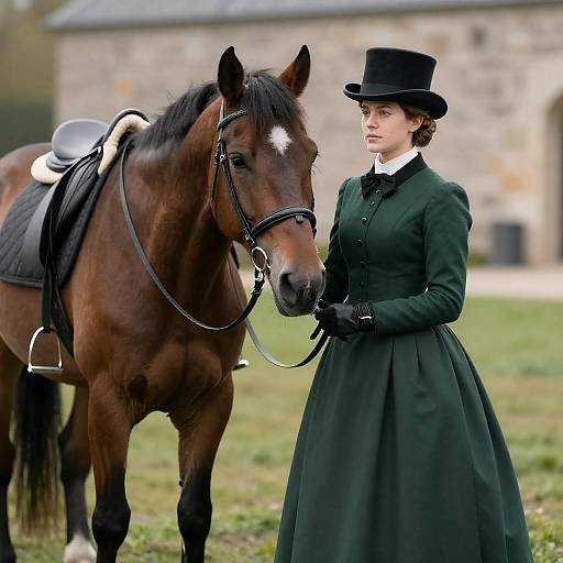 Victorian Lady Beside Saddled Brown Horse