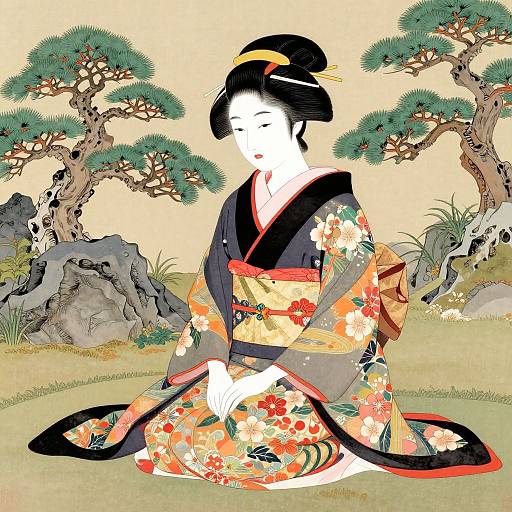 Digital illustration of a serene Japanese woman in a colorful floral kimono, sitting on grass with pine trees and rocks in the background.