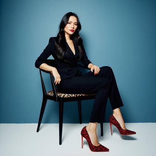 Elegant Woman in Black Suit with Red Leopard Print Heels