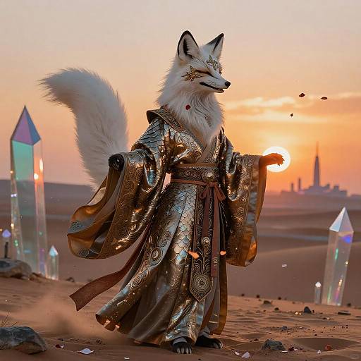 White Fox Spirit in Bronze Ceremonial Robes at Sunset